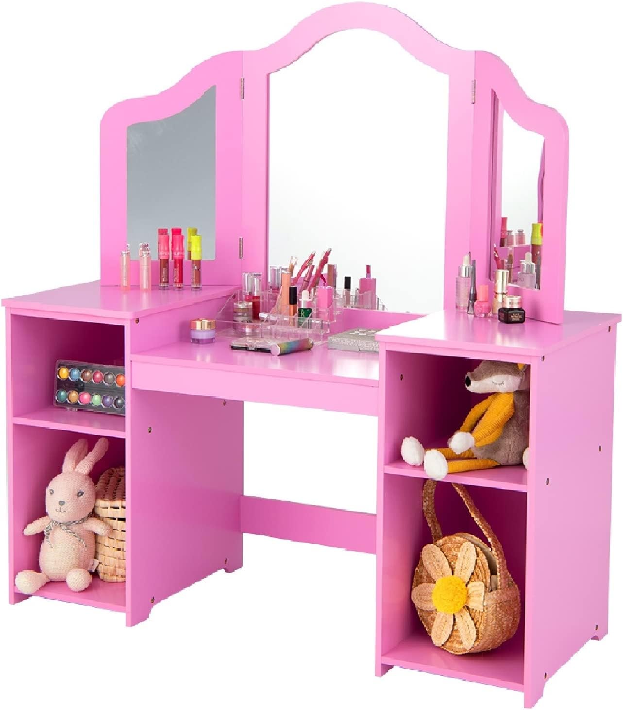 INFANS Kids Vanity, 2 in 1 Princess Makeup Desk Set with Tri-Folding Detachable Mirror, Large Storage Shelves, Wooden Dressing Table,Pretend Play Vanity Set for Girls