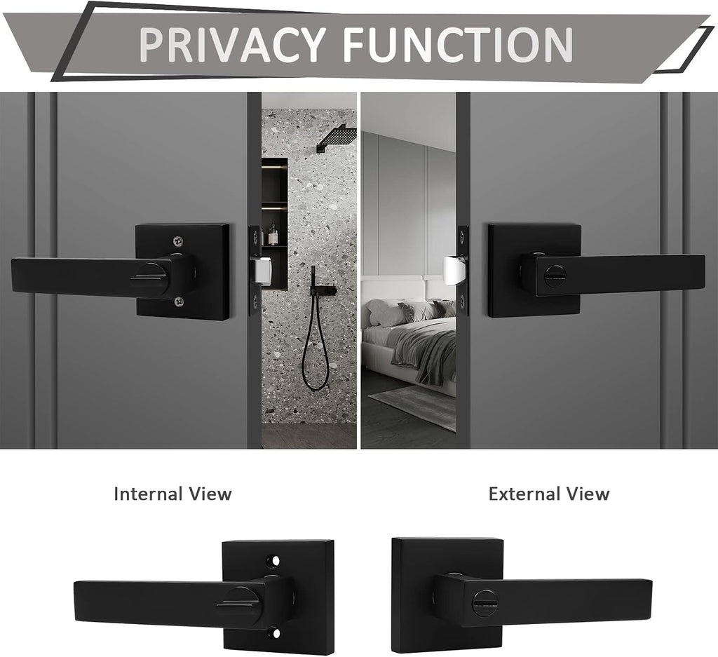 Probrico 8 Pack Square Privacy Door Levers Black Privacy Door Handles Lock Handleset Keyless Lockset Door Knobs Interior Handles for Bedroom & Bathroom