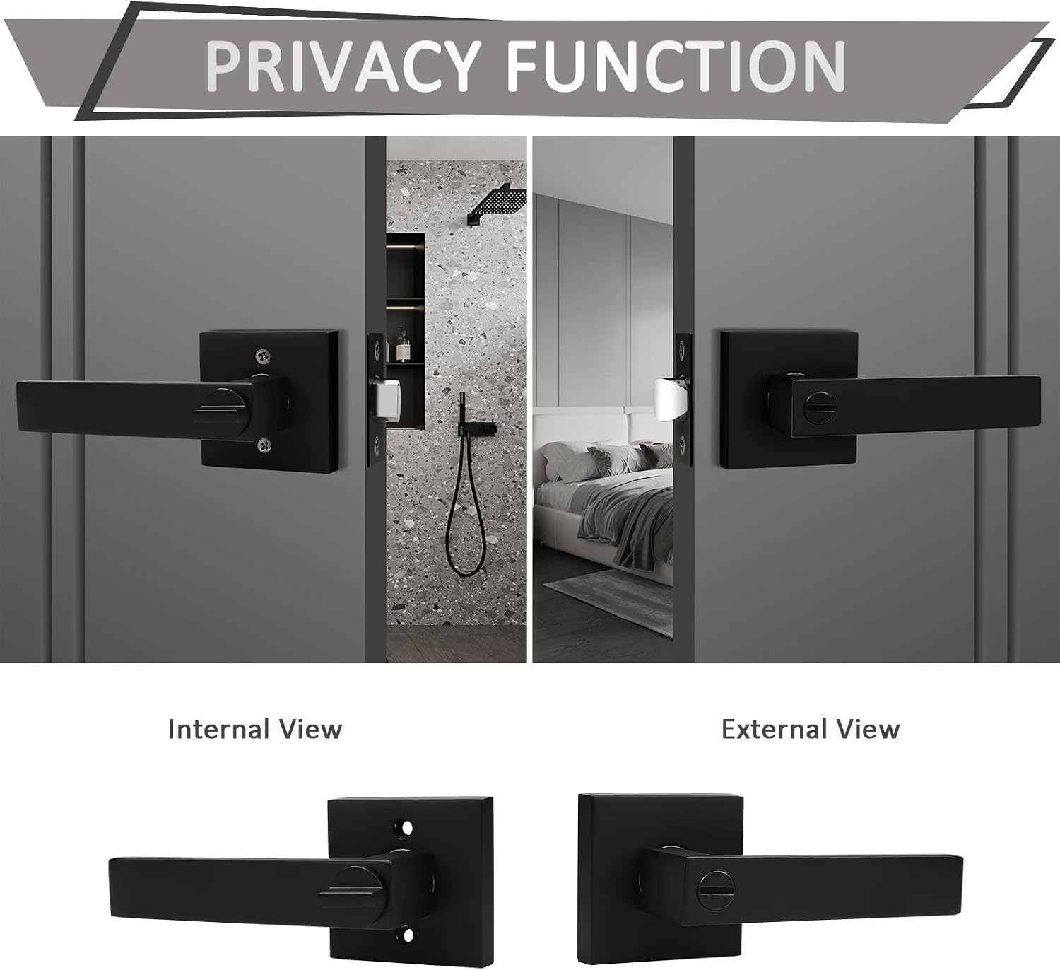 Probrico 8 Pack Square Privacy Door Levers Black Privacy Door Handles Lock Handleset Keyless Lockset Door Knobs Interior Handles for Bedroom & Bathroom