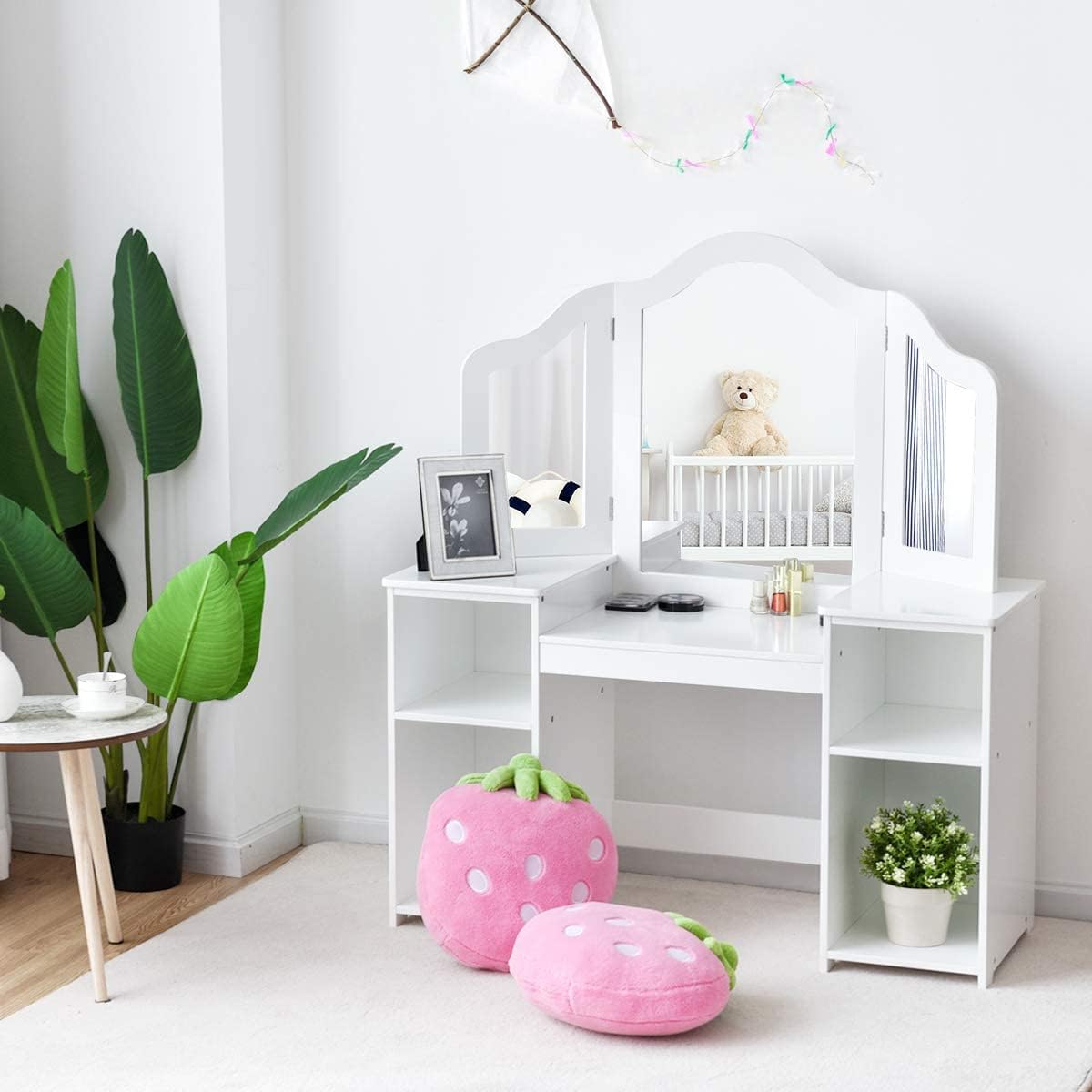 INFANS Kids Vanity, 2 in 1 Princess Makeup Desk Set with Tri-Folding Detachable Mirror, Large Storage Shelves, Wooden Dressing Table,Pretend Play Vanity Set for Girls