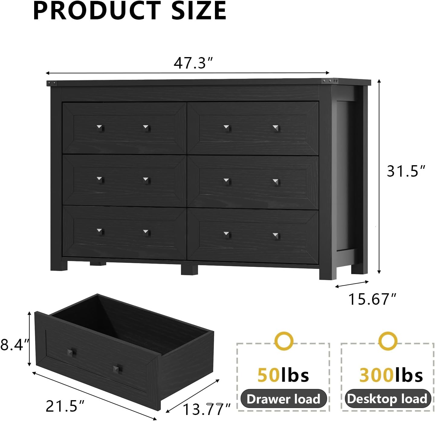 HUANLEGO Black Dresser for Bedroom with 6 Drawers, Modern Chest of Drawers, Wood Dressers Bedroom Furniture Wide Storage Organizer, 6 Drawer Dresser for Closet, Living Room, Hallway