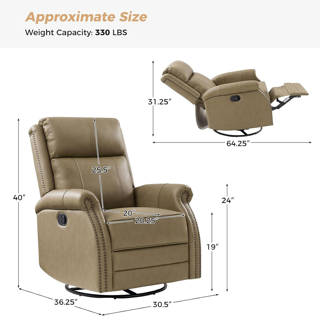 HULALA HOME Genuine Leather Swivel Rocker Recliner with Adjustable Backrest & Footrest, Manual Glider Recliner Chair with 360°Swivel Base, Home Theater Sofa Armchair for Living Room Bedroom, Taupe