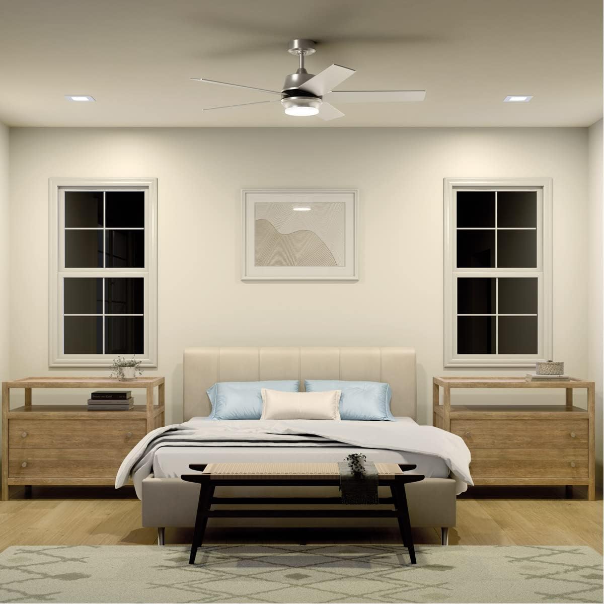 Kichler Brahm 56 in LED Ceiling Fan with Light, Modern Indoor Fan with Etched Cased Opal Glass in Satin Black, Reversible Satin Black and Silver Blades, Wall Control, 300044SBK