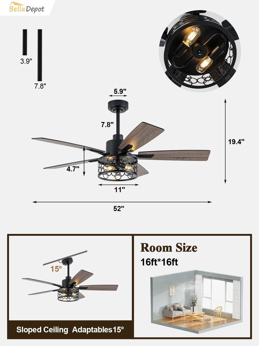 Bella Depot 52' Ceiling Fan with Light, Farmhouse Caged Chandelier Fan with Lights and Remote, Vintage Rustic Indoor Fandelier with Silent Motor for Dining Living Room Bedroom, (Bulbs not Included)