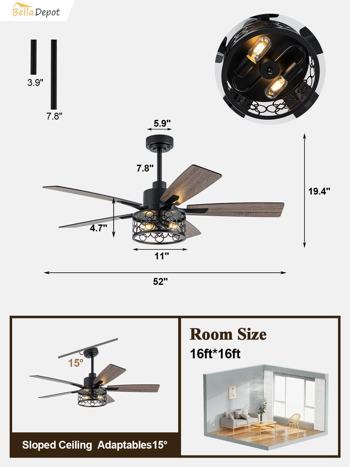 Bella Depot 52' Ceiling Fan with Light, Farmhouse Caged Chandelier Fan with Lights and Remote, Vintage Rustic Indoor Fandelier with Silent Motor for Dining Living Room Bedroom, (Bulbs not Included)