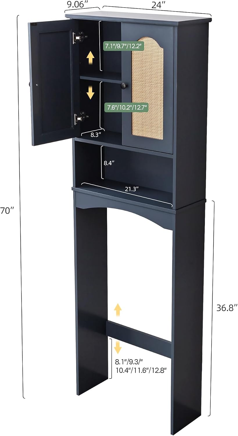 Over The Toilet Storage Cabinet with Rattan Doors, Boho Farmhouse Bathroom Organizer Over Toilet, 5-Level Adjustable Bottom Bar Fits Water Valve, 3 Adjustable Inner Shelves, Navy Blue, 24'x70'