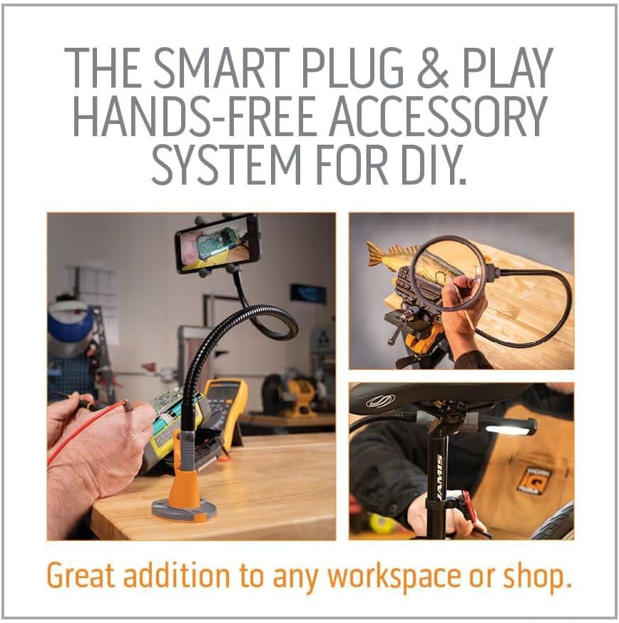 WORK IQ TOOLS IQ Connect | Hands-Free Accessory System with 3 Bench Mounts | Includes Magnifying Glass, Rechargeable Work Light & Cell Phone Holder | Work Bench Accessories Compatible with IQ Vise