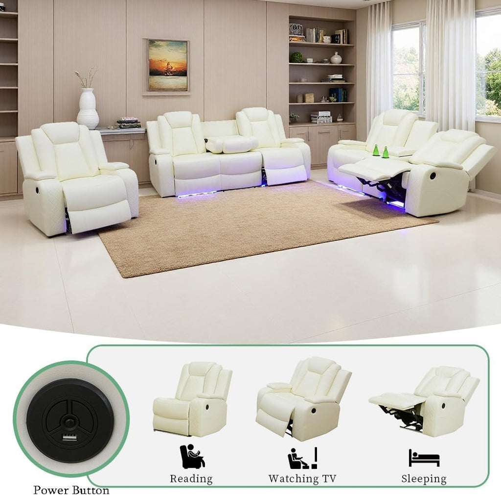 Power Reclining Sofa Sets, Living Room Furniture Sets, Breathing Leather Power Reclining Sofa, Loveseat, Chair with Cup Holders/Storage Console/LED Light for Living Room(Vanilla)