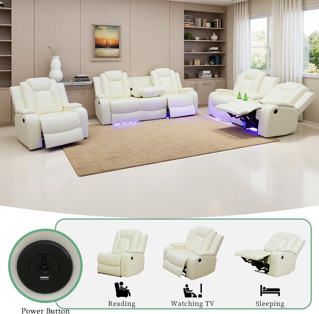 Power Reclining Sofa Sets, Living Room Furniture Sets, Breathing Leather Power Reclining Sofa, Loveseat, Chair with Cup Holders/Storage Console/LED Light for Living Room(Vanilla)