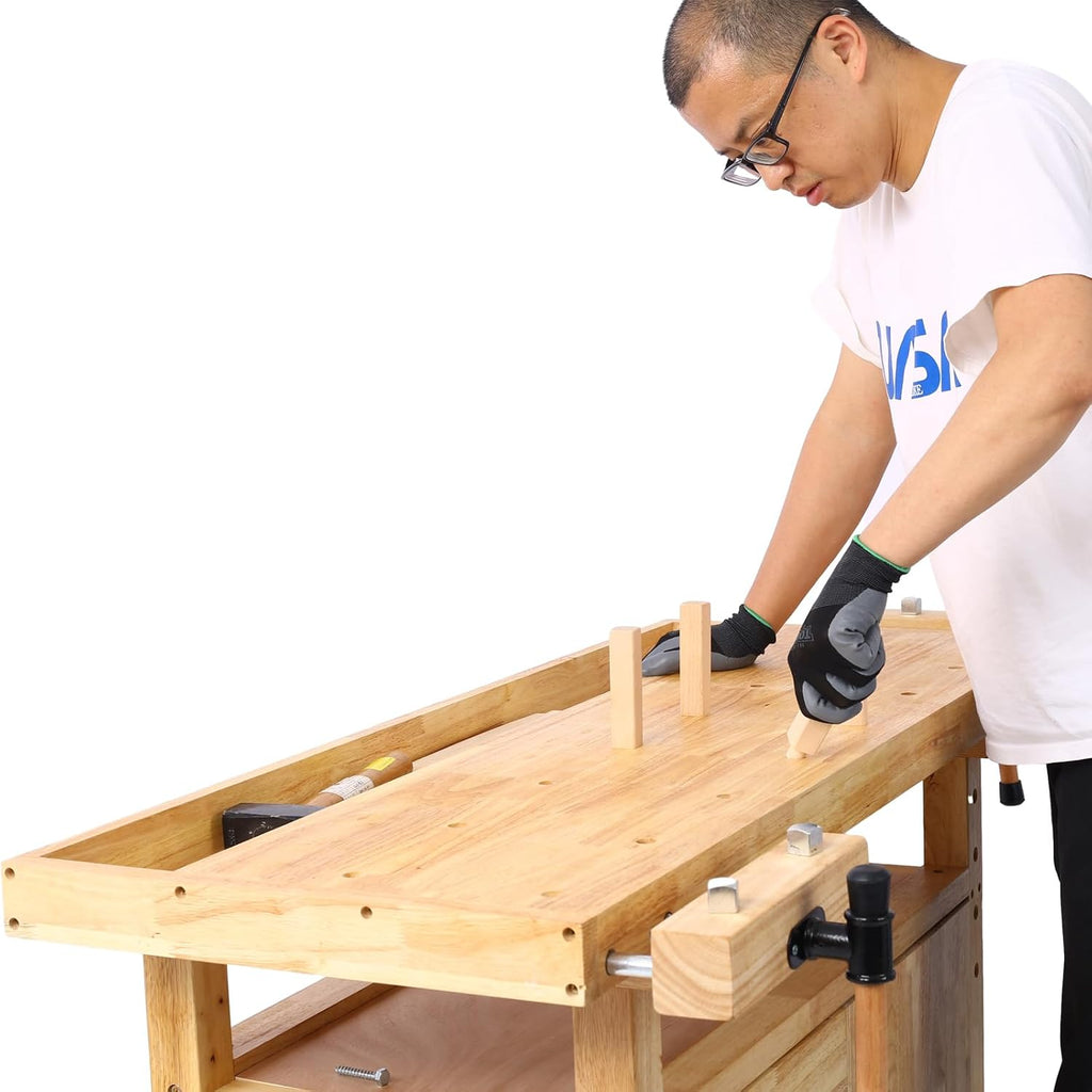 Montary 50-Inch Wood Workbench - Rubber Wooden Heavy Duty Work Bench with 3 Drawers 1 Cabinet Door and Shelf Integrated Vises for Garage Workshop, Woodworking and Home