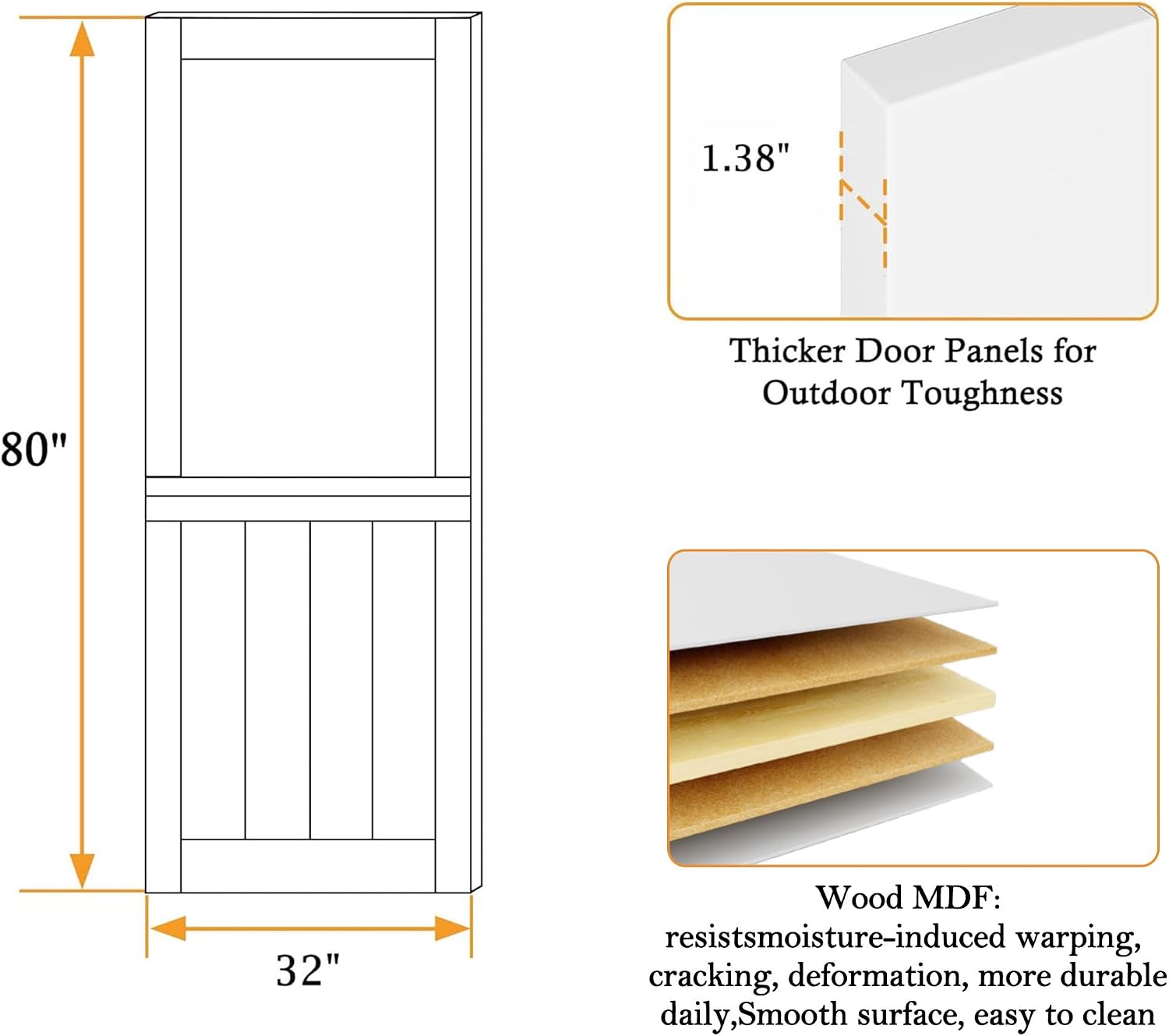 32'x 80' Pantry Door, Pre-Assembled Dutch Door Slab, French Interior White Solid Wood Core with Clear Glass Panel, 4 Hinges & Latch Included, Pocket Barn Doors for Living Room, Closet & Back Porch