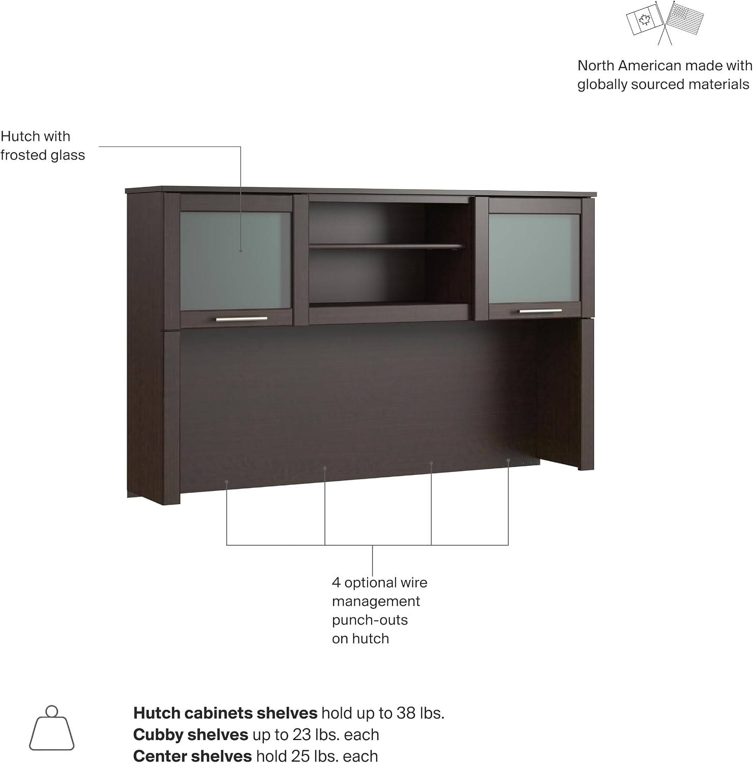 Bush Home 60-Inch Desk Hutch, Office Storage Organizer with Shelves, Cubbies and Frosted Glass Doors for Computer Desk, Home Office Furniture, Somerset Collection, Mocha Cherry