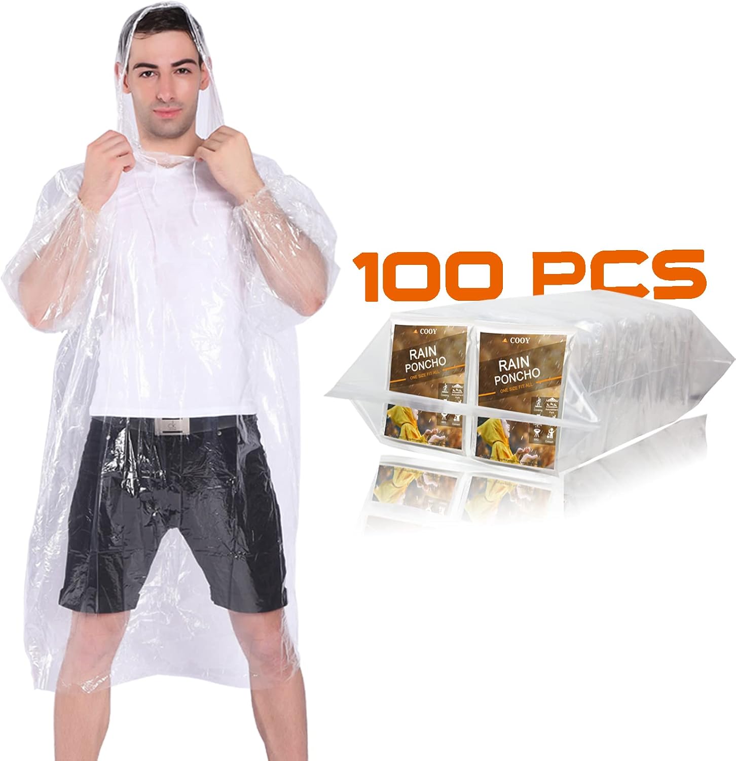 COOY Rain Ponchos,with Drawstring Hood （10 Pack） Emergency Disposable Rain Ponchos Family Pack for Adults,Clear