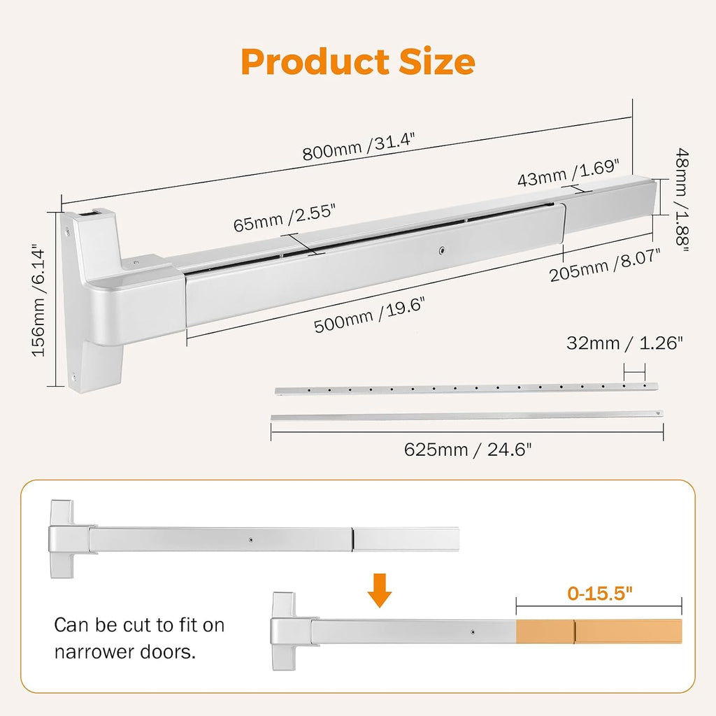 BEAMNOVA Vertical Rod Door Panic Bar Exit Device 32 Inch Commercial Door Push Bar Lock Set Emergency Gate Roller Strike Plate End Cap Metal Parts Accessories, Metallic
