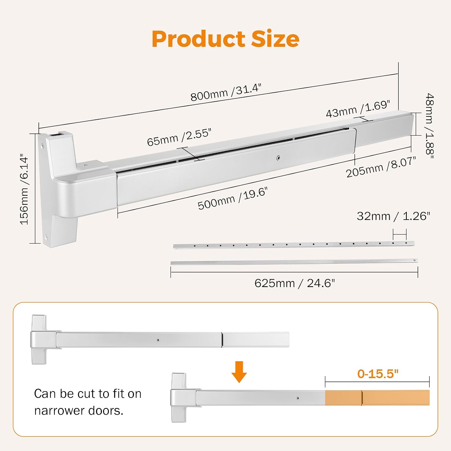 BEAMNOVA Vertical Rod Door Panic Bar Exit Device 32 Inch Commercial Door Push Bar Lock Set Emergency Gate Roller Strike Plate End Cap Metal Parts Accessories, Metallic