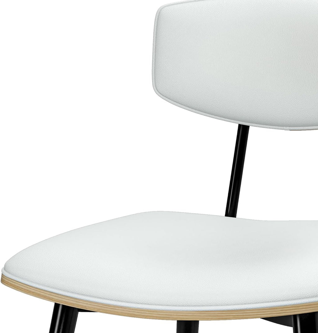 SIMPLIHOME Mavis Dining Chairs - Mid-Century Modern Iron Frame and Vegan Faux Leather Kitchen Chair Set in White, Dining Room Seating with Curved Wood Veneer Backrest and Padded Seat (Set of 2)