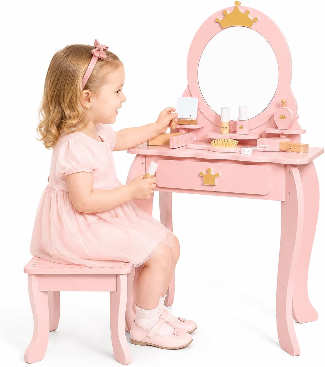Little Girl Makeup Table with Mirror and Chair,Kids Vanity Table&chair Set with Storage Drawer,Toddlers Pretend Play Vanity with 9pcs Multiple Make up Accessories, Princess Vanity Desk for 3+ (pink)