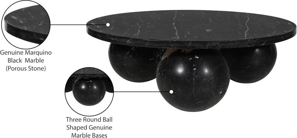 Meridian Furniture 264Black-CT Spherical Collection Art Deco Coffee Table with Genuine Marquino Black Marble, Three Round Ball Shaped Genuine Marble Bases, 39' W x 39' D x 13' H, Black