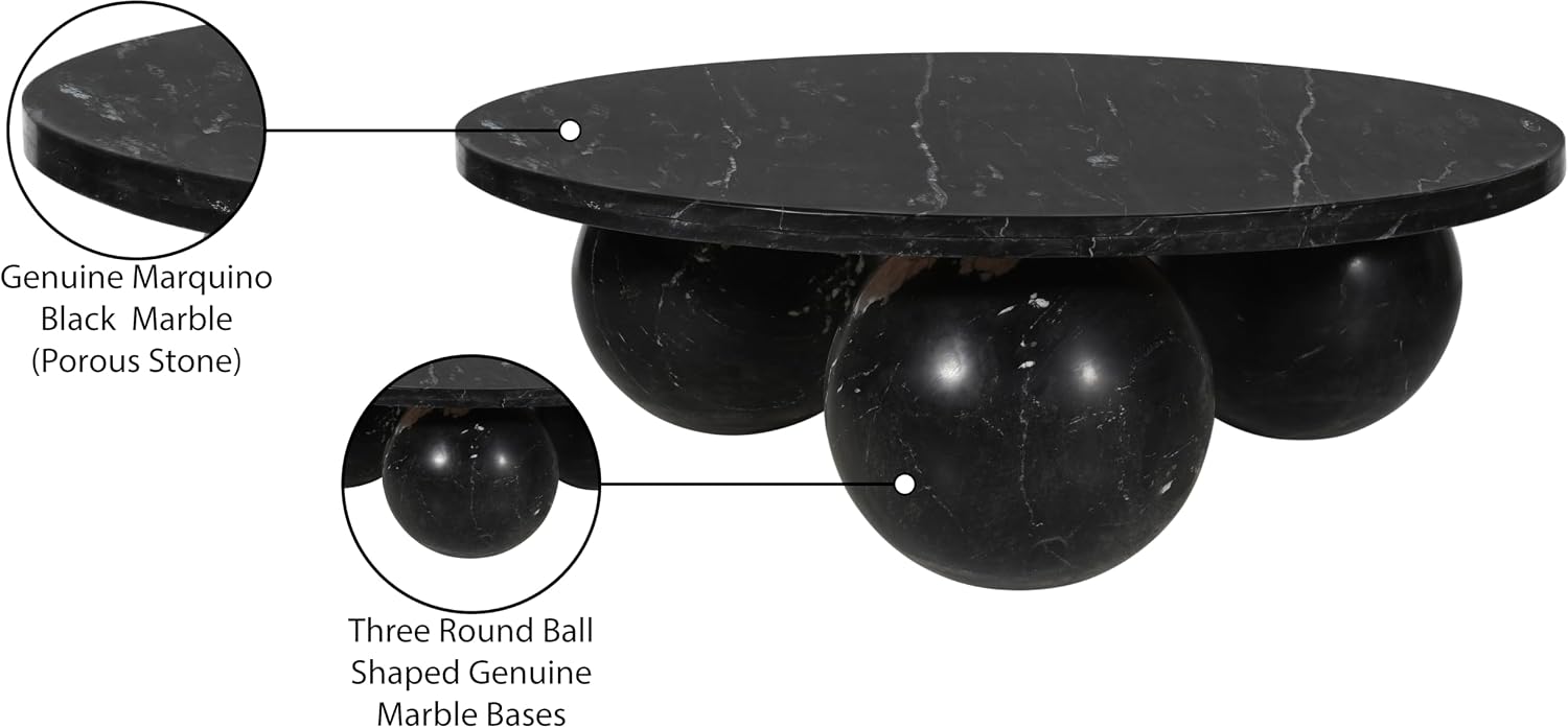 Meridian Furniture 264Black-CT Spherical Collection Art Deco Coffee Table with Genuine Marquino Black Marble, Three Round Ball Shaped Genuine Marble Bases, 39' W x 39' D x 13' H, Black
