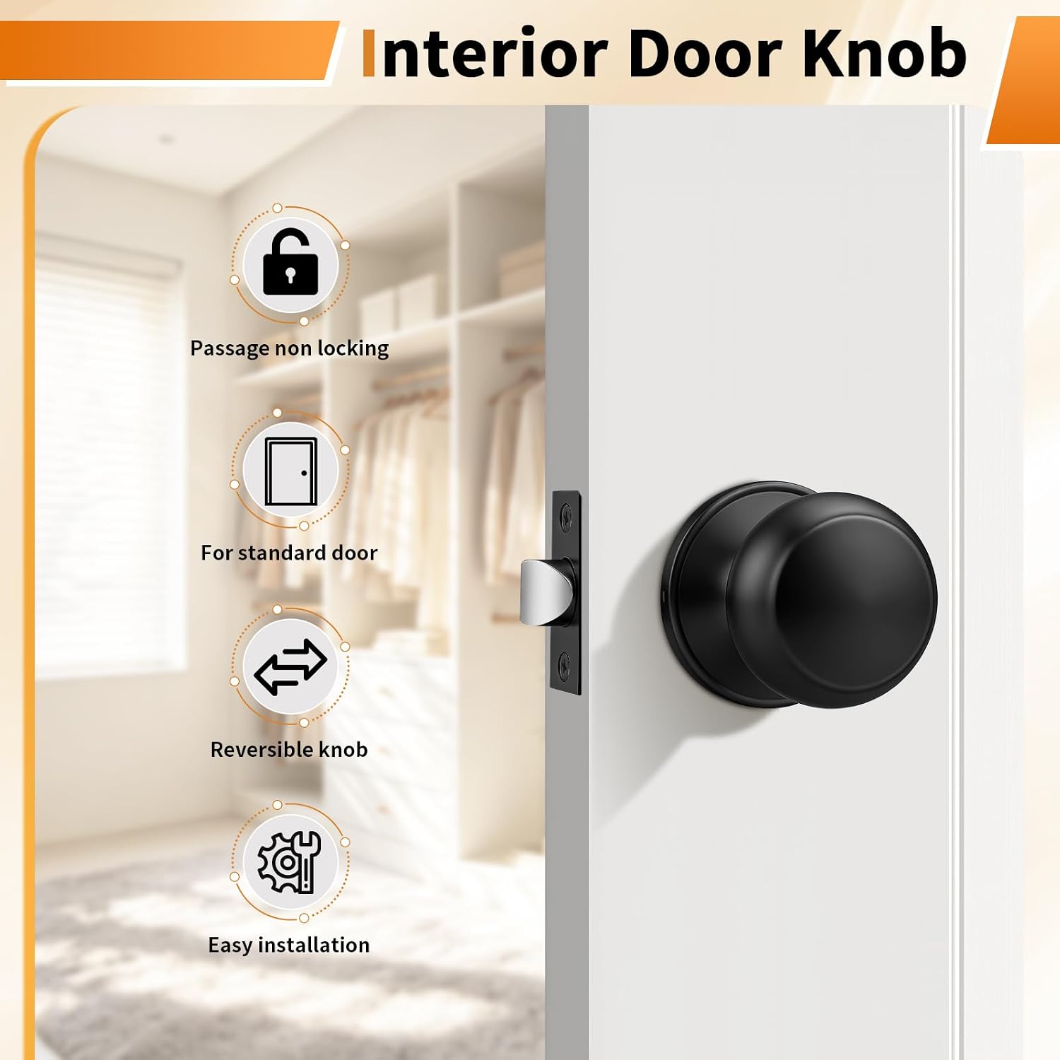 Probrico Interior Closet Door Knob, Black Door Knobs for Interior Doors, Hallway Passage Door Knob with Round Ball Knob, 12 Pack