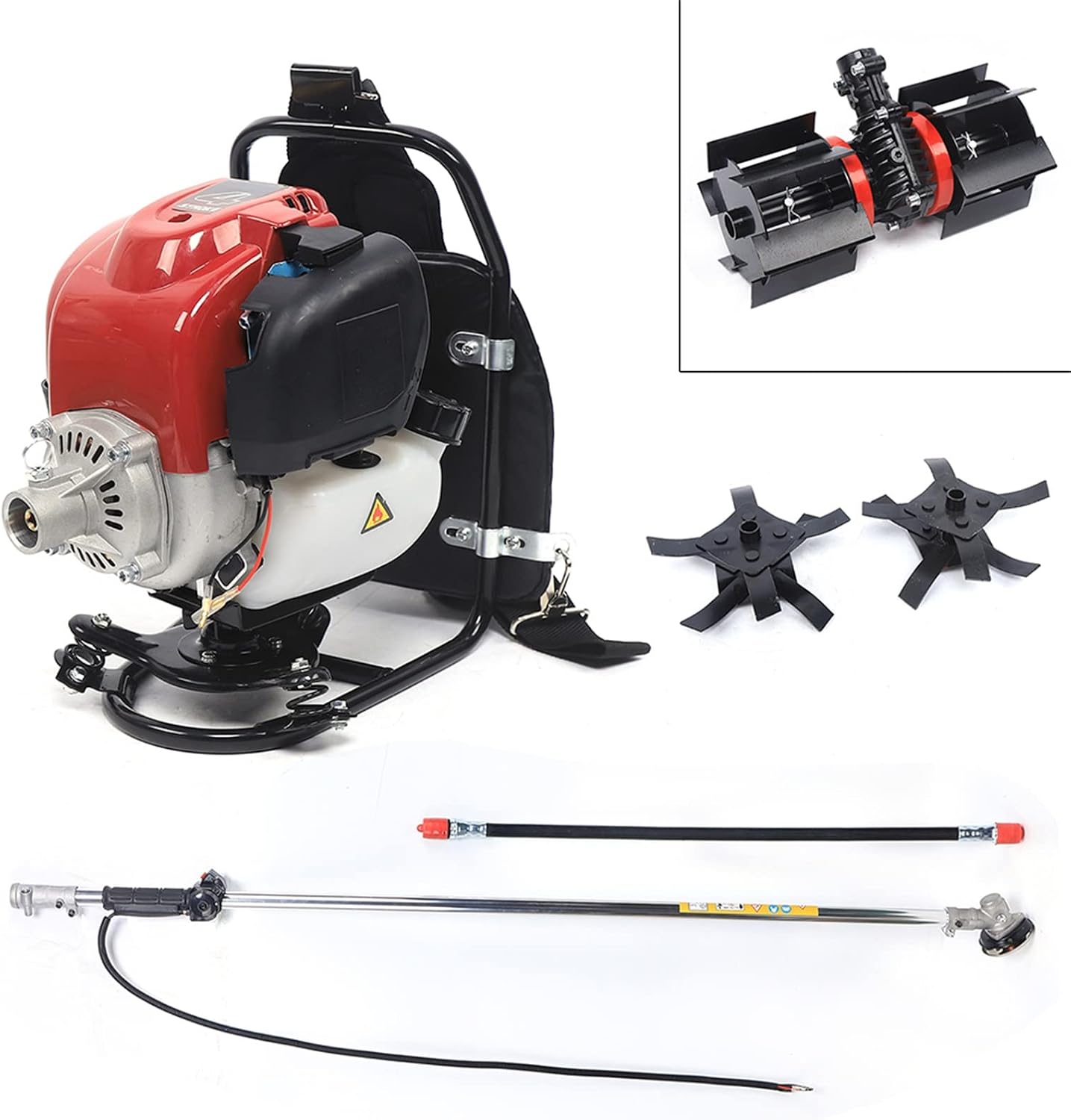 Lawn Mower, 3-in-1 4 Stroke Gasoline Backpack Tiller Grass Weeding Trimmer, 1.4HP Air-Cooled Engine Brush Cutter Hedge Cultivator,Portable Multi-Purpose Graden Lawn Mower for Farmland Clearing