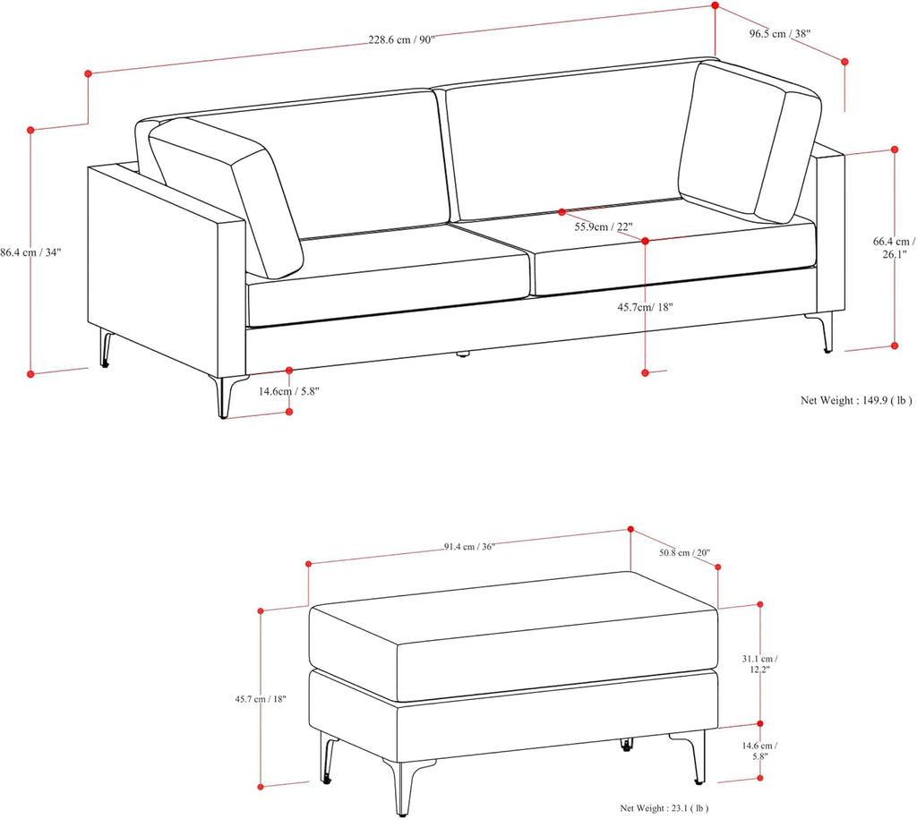 SIMPLIHOME Ava Sofa and Ottoman in 100% Recycled Polyester Performance Fabric, Pebble Grey, 90-inch-Wide 3-Seater Couch and Matching 36-inch-Wide Table Ottoman for Living Room, 2-Piece Set