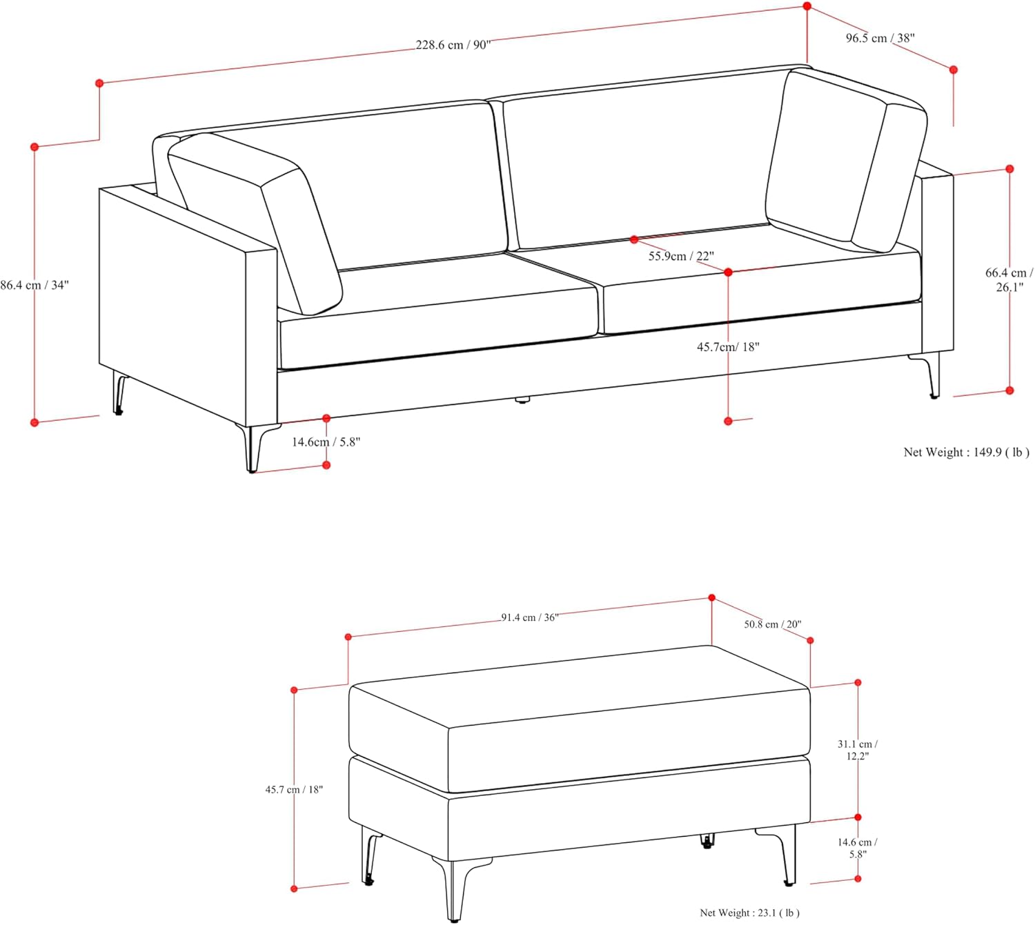SIMPLIHOME Ava Sofa and Ottoman in 100% Recycled Polyester Performance Fabric, Pebble Grey, 90-inch-Wide 3-Seater Couch and Matching 36-inch-Wide Table Ottoman for Living Room, 2-Piece Set