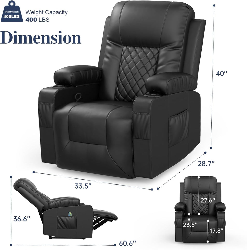 Recliner Chairs for Adults, FSC Certified Massage Reclining Chair with Heated Modern, Ergonomic Lounge Single Reclining Sofa Seat with Cup Holder & Pocket, Living Room Lounge Recliners Black