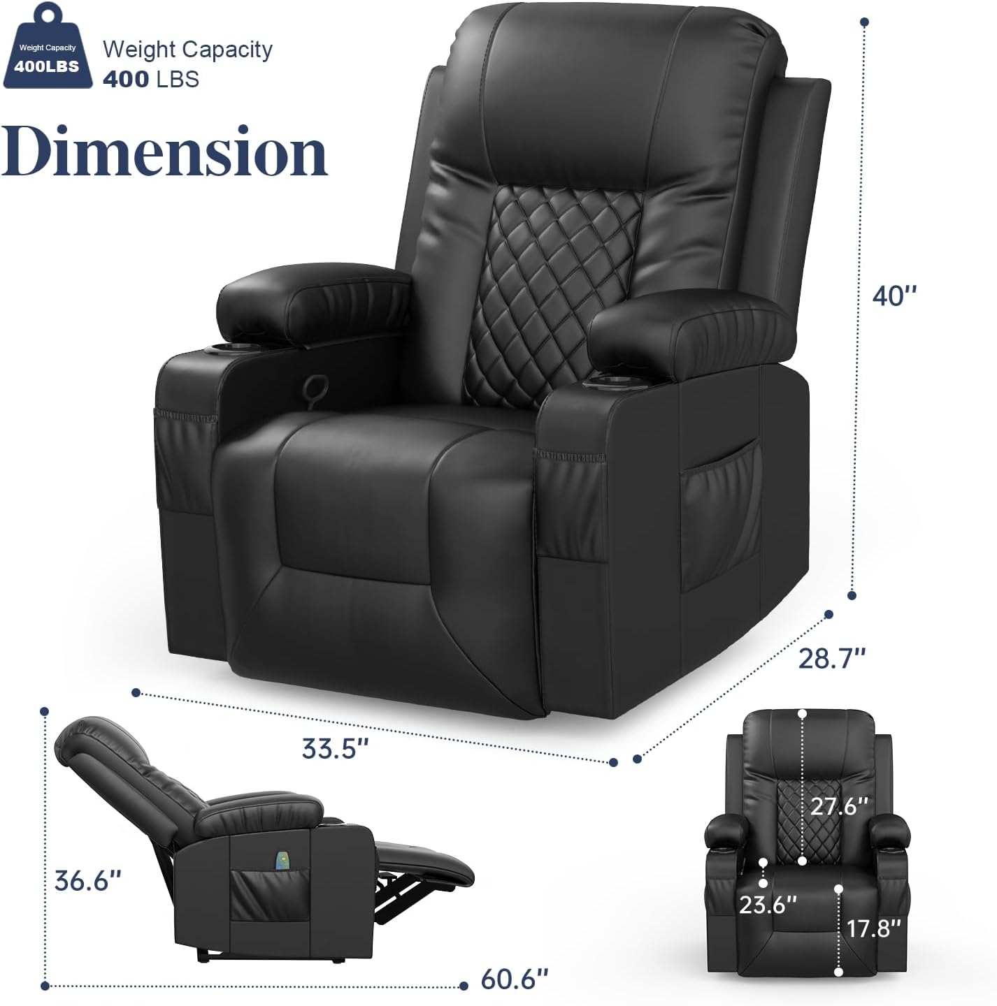 Recliner Chairs for Adults, FSC Certified Massage Reclining Chair with Heated Modern, Ergonomic Lounge Single Reclining Sofa Seat with Cup Holder & Pocket, Living Room Lounge Recliners Black