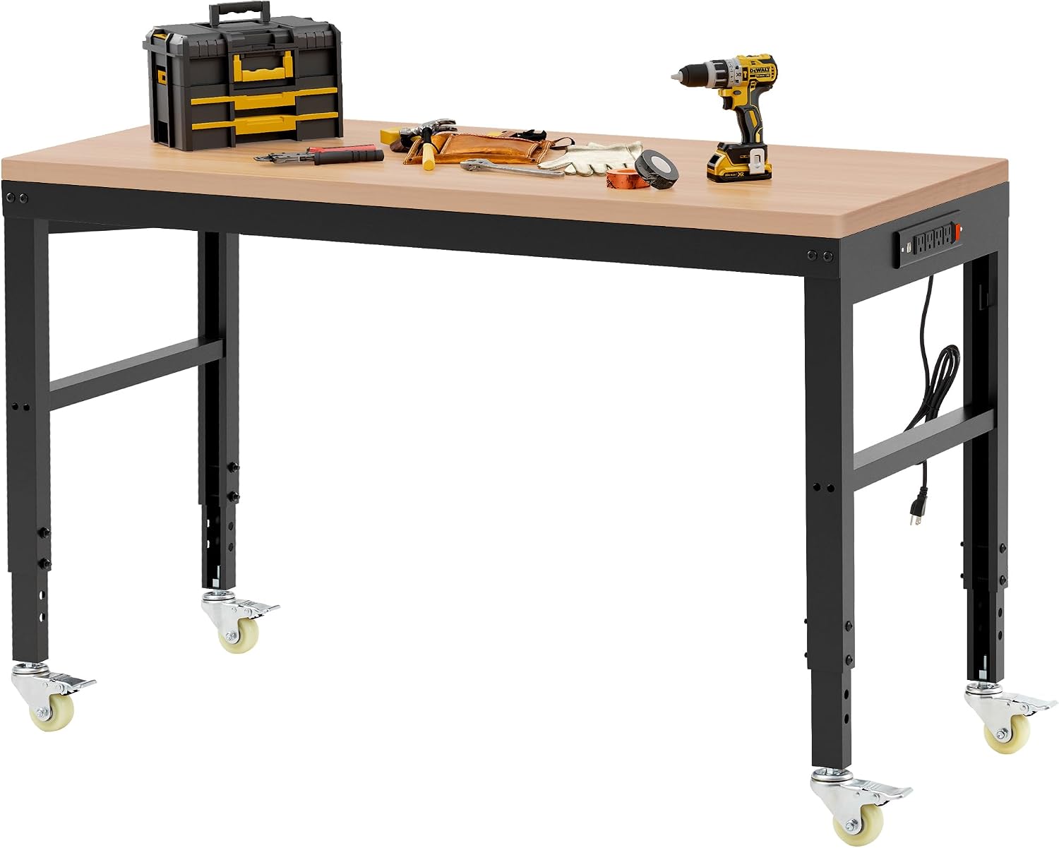 Antifir 60' Adjustable Workbench，Heavy Duty Wood Work Bench 2000 Lbs Load Capacity,Work Table with Power Outlet and Wheels for Garage, Workshop, Office, Home