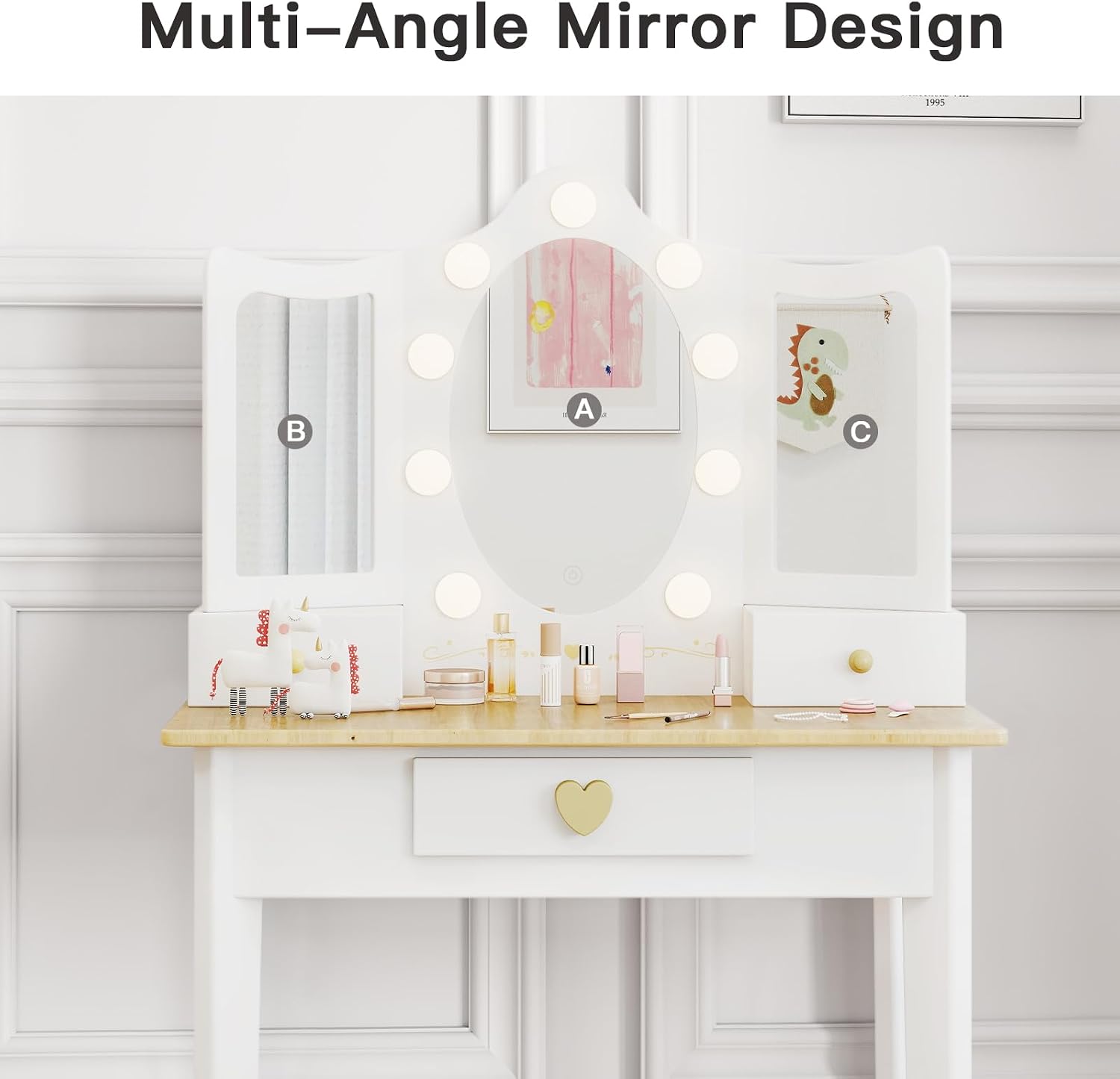labebe Kids Vanity, Girls Vanity Desk with LED Changing Lights, Pretend Play Princess Vanity Set, Wooden Toddler Makeup Desk Dressing Table with Drawer and Chair (White)
