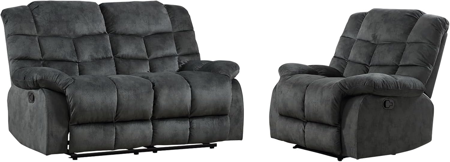 EBELLO Manual Recliner Couch Set, Soft Fabric Reclining Living Room Set, Included SinglAe Recliner Chair and Loveseat Sofa, Grey Green