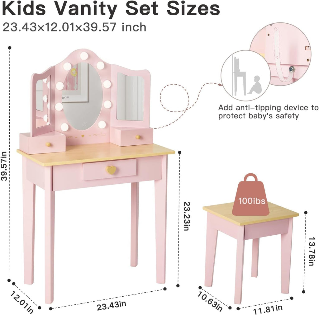 labebe Kids Vanity, Girls Vanity Desk with LED Changing Lights, Pretend Play Princess Vanity Set, Wooden Toddler Makeup Desk Dressing Table with Drawer and Chair (Pink)
