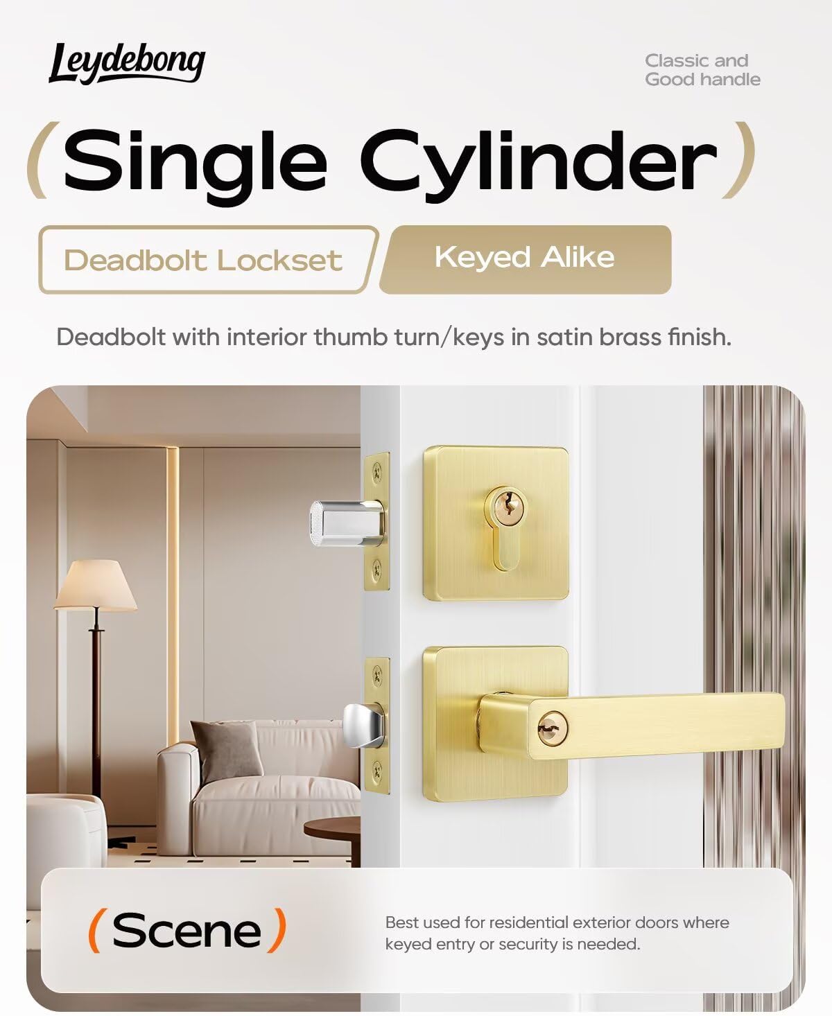 Leydebong 6 Pack Front Door Lock Set, Brushed Gold Exterior Door Lock Set with Deadbolt, Single Cylinder Deadbolt Lock and Door Knob Set, Keyed Alike Door Knob with Lock&Keys