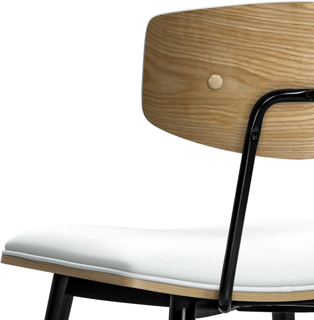 SIMPLIHOME Mavis Dining Chairs - Mid-Century Modern Iron Frame and Vegan Faux Leather Kitchen Chair Set in White, Dining Room Seating with Curved Wood Veneer Backrest and Padded Seat (Set of 2)