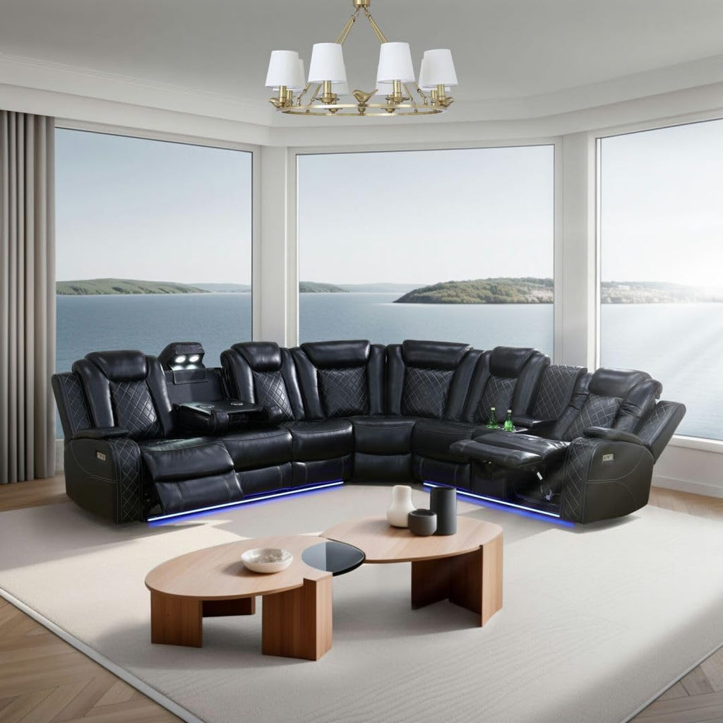 Reclining Sectional, Power Sectional Couch, Leather Sofa Set for Living Room, Comfy Home Theater Seating with USB 2.0 Charging Ports, LED Light Strips, Fold-Down Table & Cupholders (Black, 3-Piece)