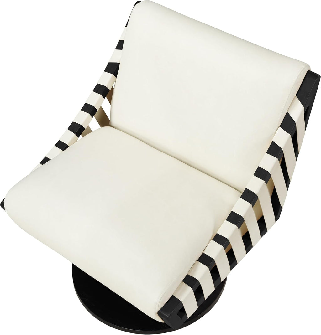 Meridian Furniture 33002Cream Millwin Collection Art Deco Swivel Accent Chair with Rich Cream Vegan Leather, Black Finish, Solid Wood Frame and Base, 28' W x 30' D x 32.5' H, Cream