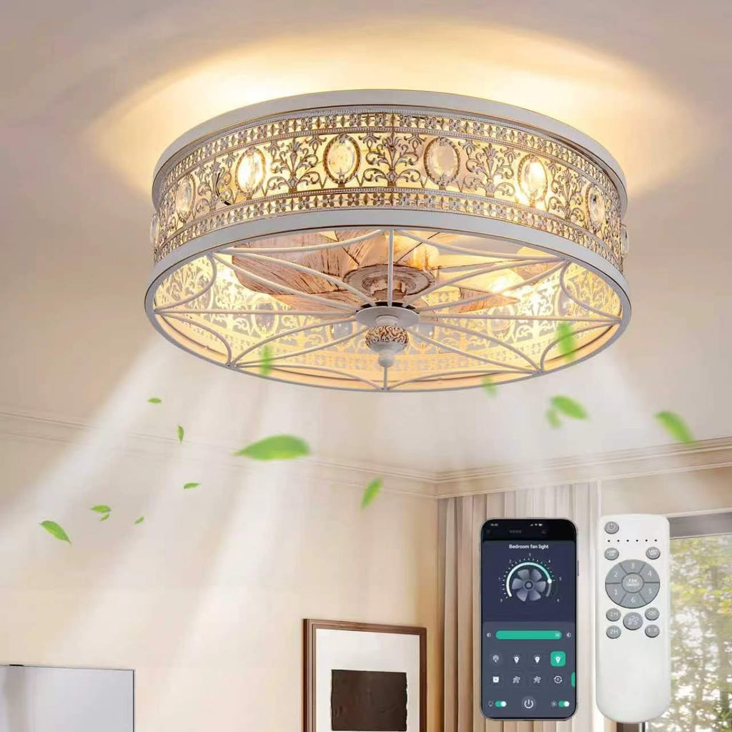 French Country Shabby Chic Crystal Fandelier, Cottage Flush Mount Ceiling Fan with Lights and Remote, Decorative Enclosed Fan for Girls Room, Nursery, Small Bedrooms