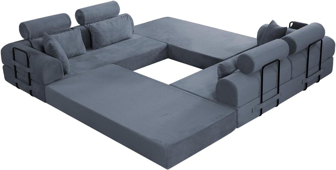 KEIKI 6-in-1 Folding Convertible High Back Sofa Sleeper, 106' Oversized Modular Sectional Corduroy Upholstered L Shape Couches for Living Room, High-Resilience Foam for City Apartment, Dark Gray