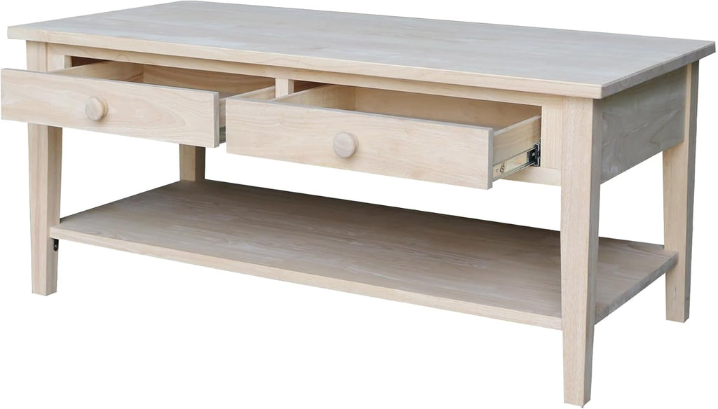 IC International Concepts, Spencer Coffee Table, Solid Wood, Real Parawood, 48' W x 24' D x 19' H, Easy Assembly, DIY, Paint or Stain Your Way, Unfinished