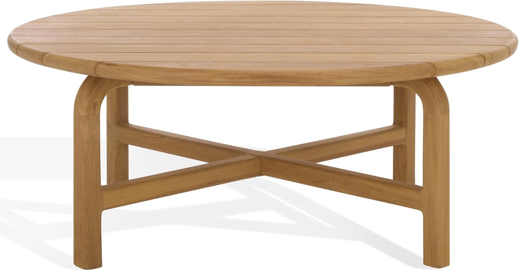SAFAVIEH Couture Outdoor Patio Furniture Collection – Rogers Natural Teak Solid Wood Round Slatted Coffee Table, Modern Outdoor Living (CPT2015)