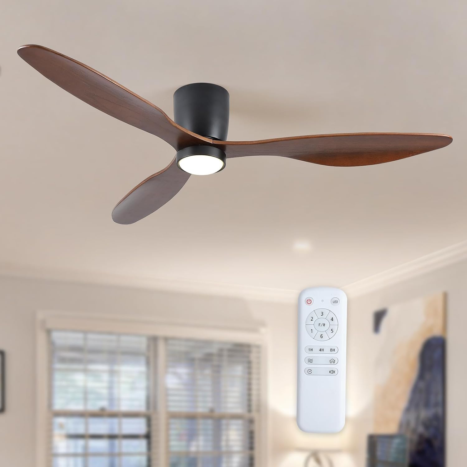 52 Inch Low Profile Ceiling Fan with Lights, Flush Mount Ceiling Fan, 3 Wood Blades, Noiseless DC Motor - Timer Function, 6 Adjustable Wind Speeds, for Patios, Bedrooms, Living Rooms(Walnut Wood)