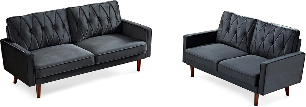 Container Furniture Modern Style Tufted Velvet Couches for Living Room with Soft Fabric Upholstery and Solid Wood Frame, 2 Piece Sofa and Loveseat Set, Black