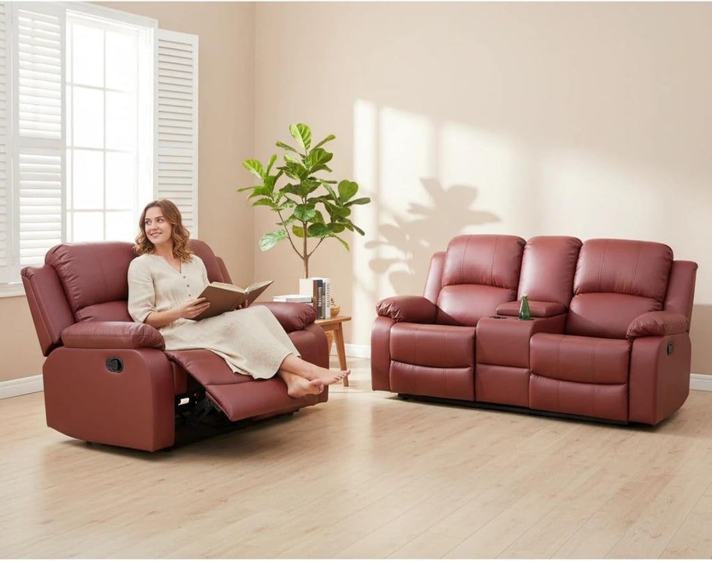2-Piece Manual Leather Recliner Sofa Set, Adjustable Backrest Reclining Loveseat Sofa & 3 Seater Couch Furniture Set for Living Room, Home Theater, Red