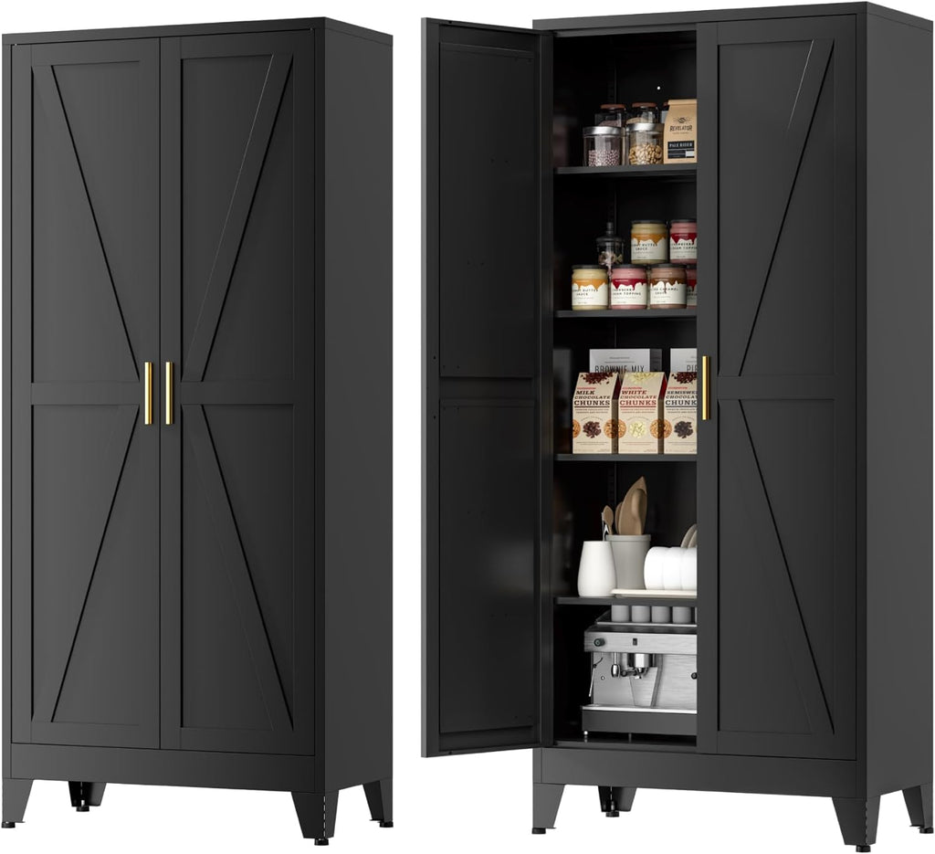 Farmhouse Pantry Cabinet with Barn Doors, 71' H x 31.5' W, 5-Tier Metal Storage Cabinet with 4 Adjustable Shelves for Kitchen Garage Dining Room, Black 1 Pack