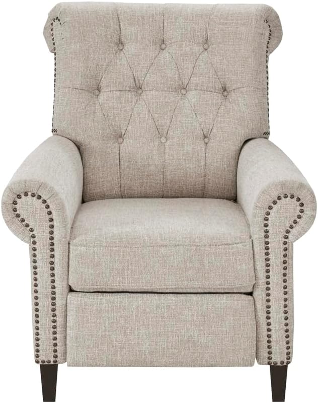 Madison Park Aidan Upholstered Manual Push Back Recliner Chair with Nailheads - Solid Wood, Plywood, Roled Back Button Tufted Accent Armchair Modern Classic Style Family Room Sofa Furniture, Cream