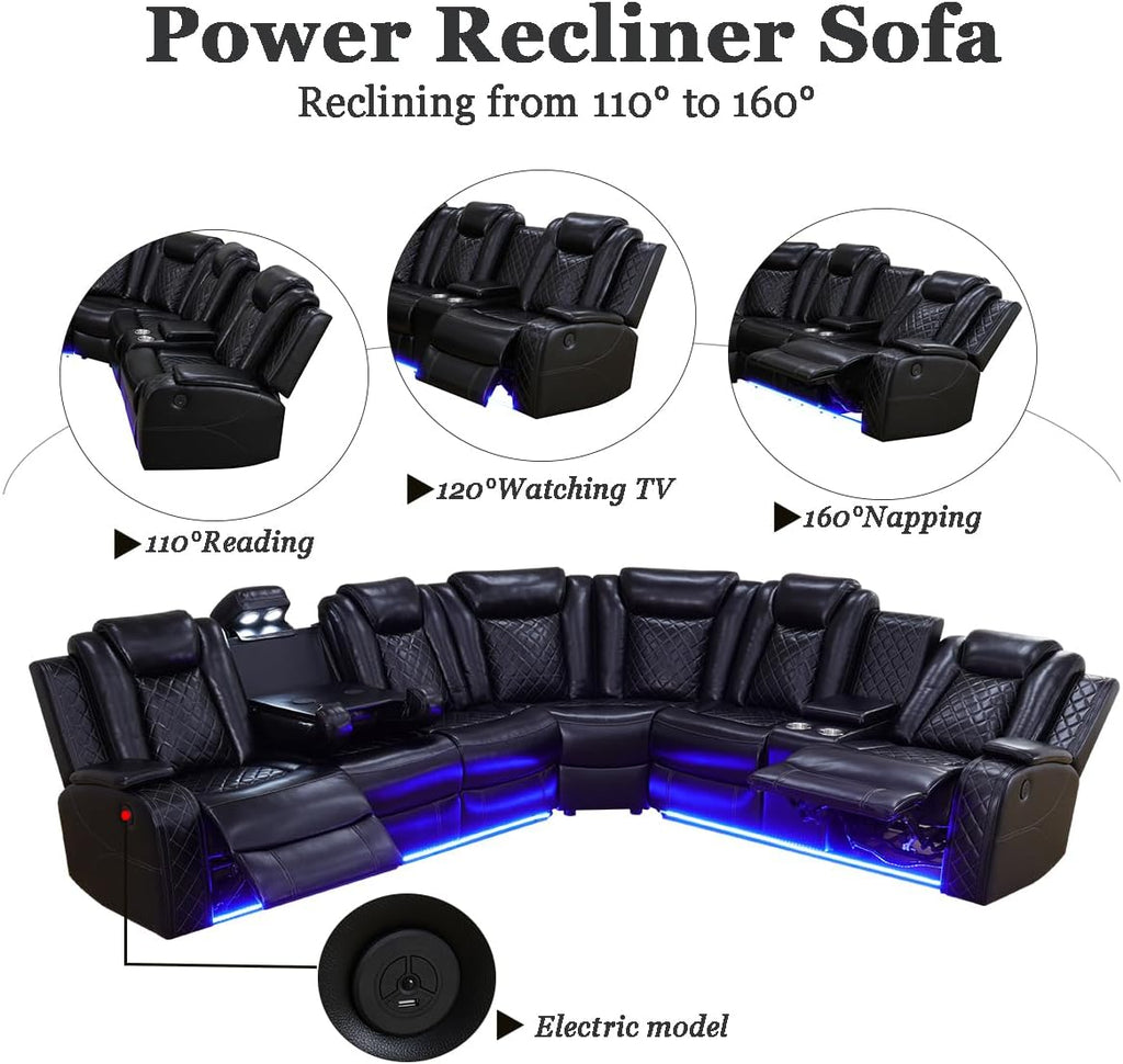 A Ainehome Power Recliner Set, Leather Sectional Sofa Set for Living Room, Home Theater, with LED Lights, Cup Holder, Hide-Away Storage, Wireless Charging(A-Black)