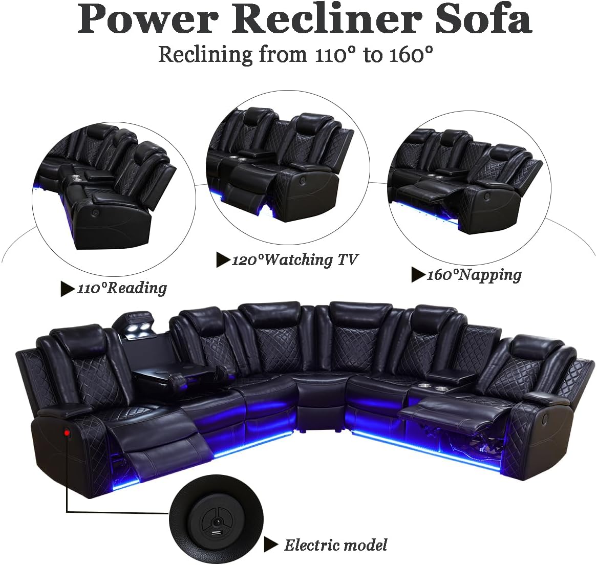 A Ainehome Power Recliner Set, Leather Sectional Sofa Set for Living Room, Home Theater, with LED Lights, Cup Holder, Hide-Away Storage, Wireless Charging(A-Black)