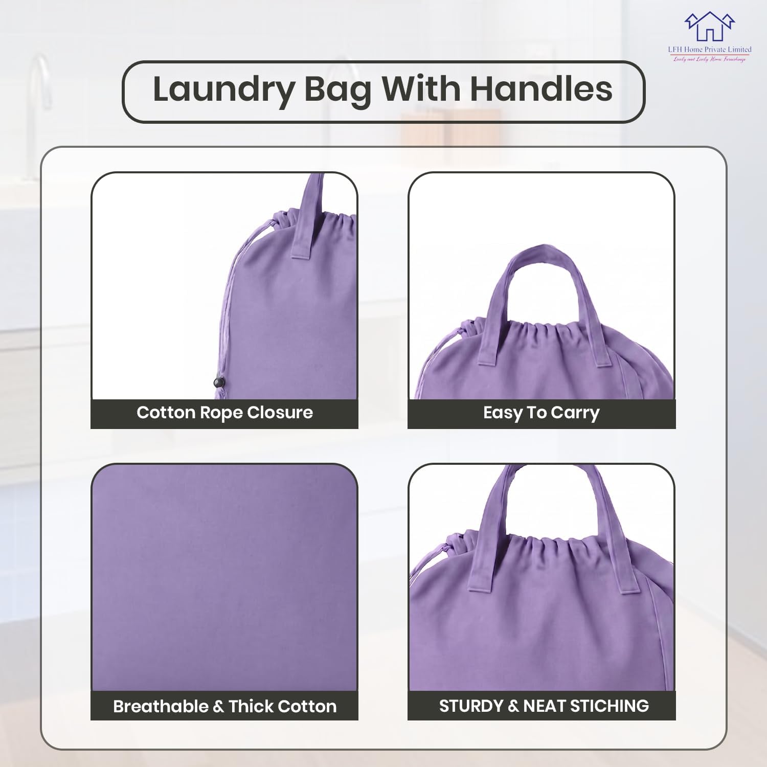 LFH Home Cotton Rich Large Premium Canvas Laundry Bag, Heavy Duty Washable Laundry Hamper with Drawstring & Handles, Multi-Use Clothes Storage for Home, Travel & College 18'x26' (Pack of 6) - Lavender