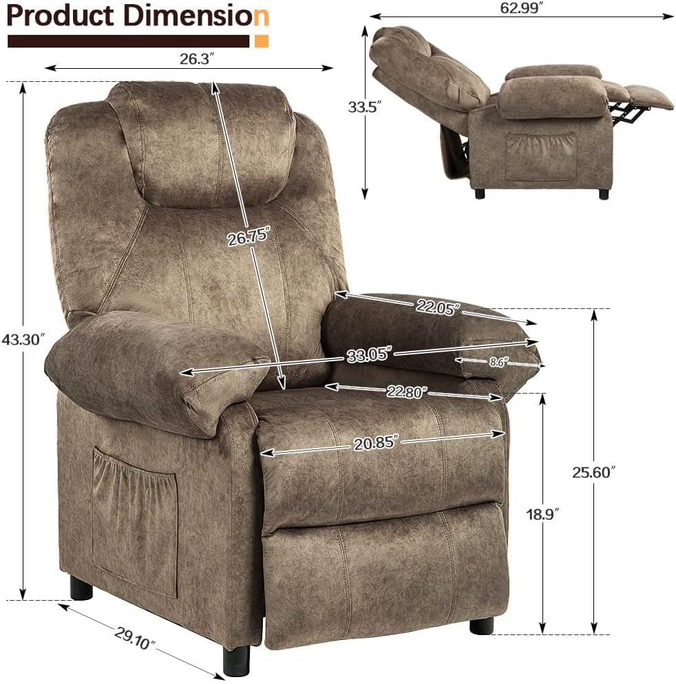 Massage Recliner Chair with Heat,Overstuffed Fabric Recliner Chairs with Heating,Small Recliner for Living Room Bedroom, Manual Reclining Single Sofa Recliners Lounge Chair for Adult,Brown
